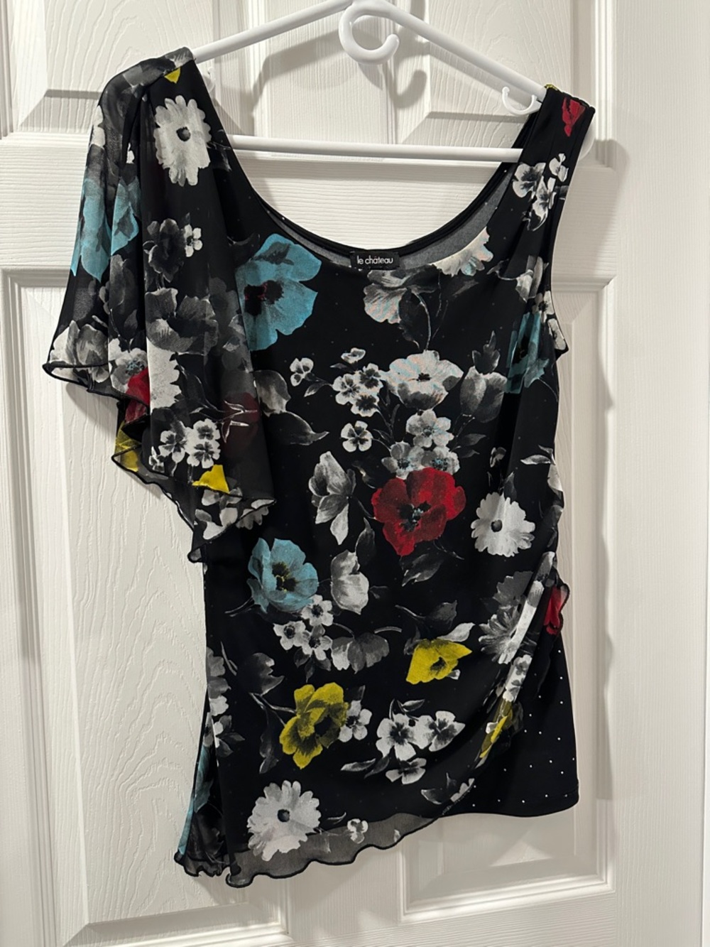 le chateau Black Floral One-Shoulder Blouse with Red, Teal & Yellow Flowers Sz S